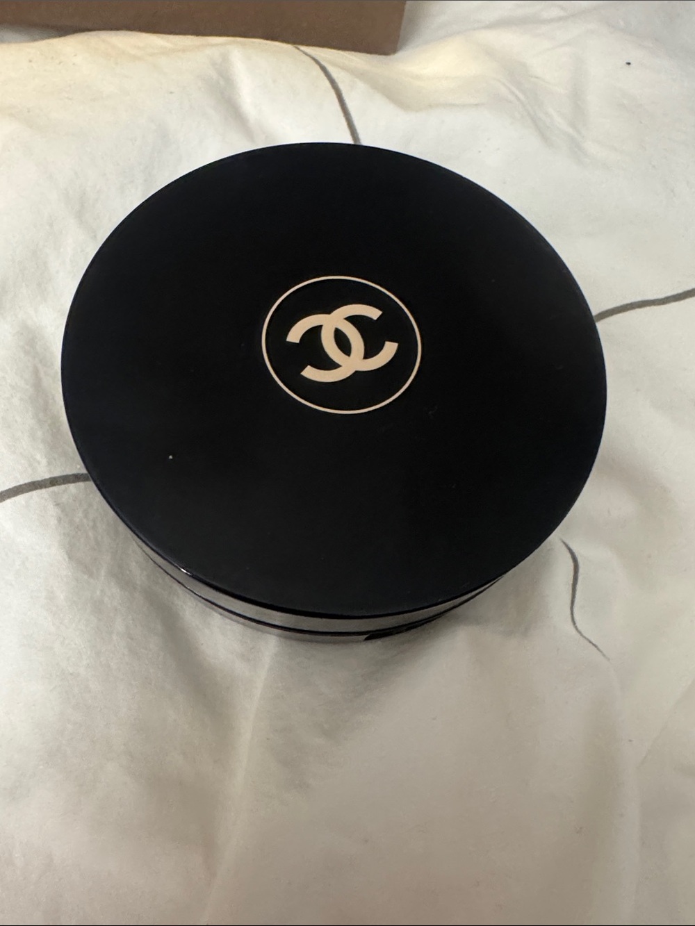 CHANEL Black Round Compact with Gold Interlocking CC